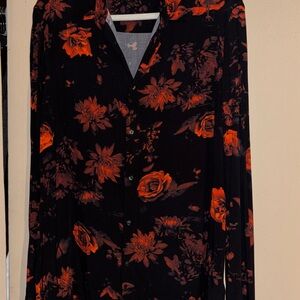 H&M Black Button-Up Blouse with red Floral Print